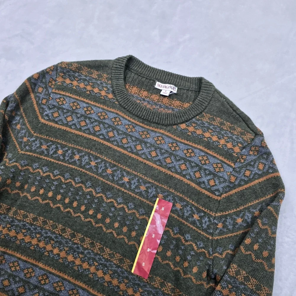 Merona Fair Isle Crewneck Sweater Mens Small Green‎ Orange Blue NEW